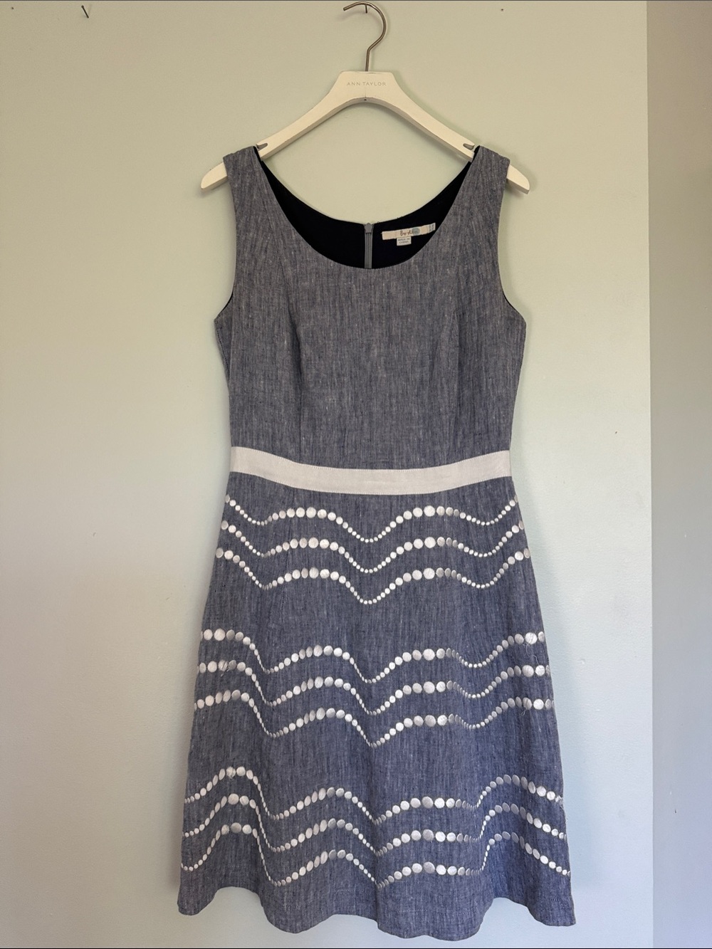 Boden Navy Chambray Mini Dress with White Dot Wave Trim - Size 6